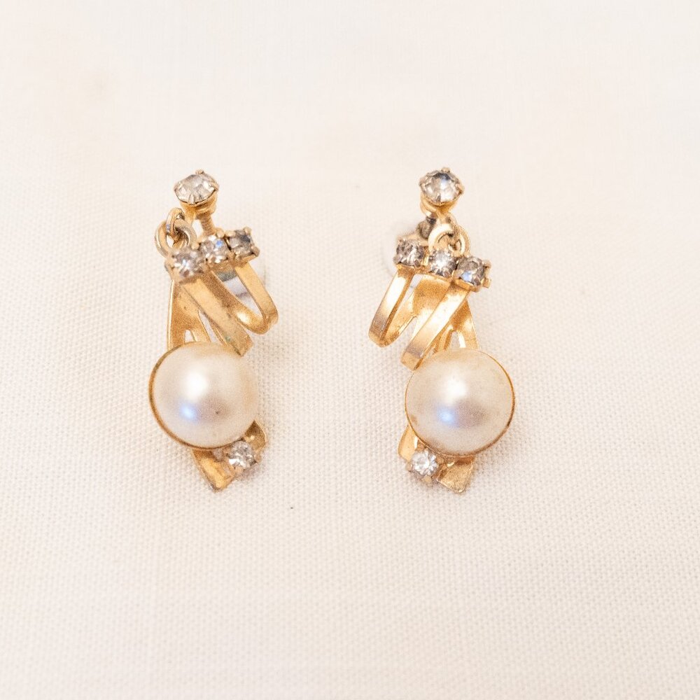Gold, Faux Pearl, Crystal Screw-back Earrings, 1960s, Non-Pierced